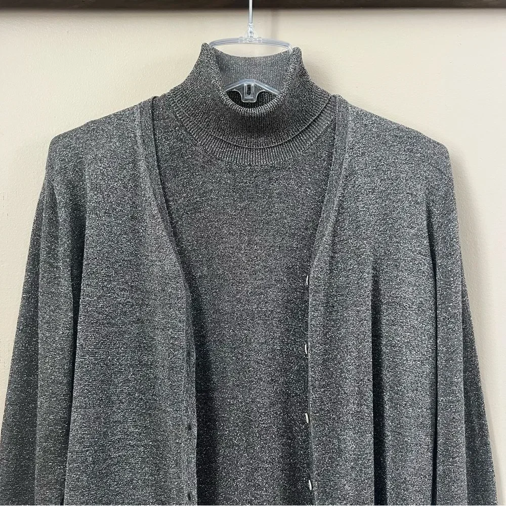 August Silk Shimmering Metallic Silver Knit Cardigan & Turtleneck Twinset SZ L - Picture 4 of 15